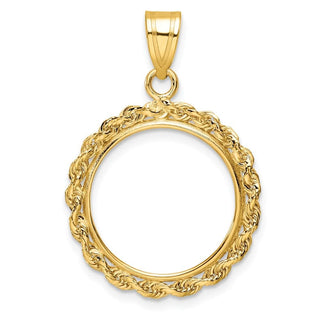 10k Yellow Gold Polished Rope 16.5mm Prong Coin Bezel Pendant - Fits 1/10 oz American Eagle and 1/10 oz Krugerrand