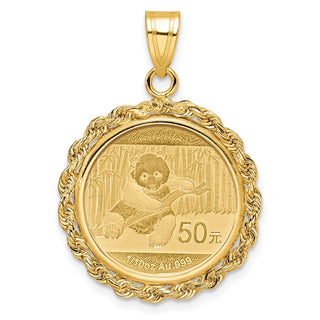 14k Yellow Gold Polished Rope Mounted 1/10oz Panda Prong Coin Bezel Pendant