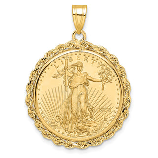 14k Yellow Gold Polished Rope Mounted 1/4oz American Eagle Prong Coin Bezel Pendant