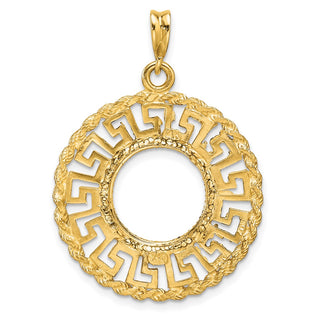 14k Yellow Gold Polished and Diamond-cut Greek Key with Rope Border 13.0mm Prong Coin Bezel Pendant - Fits 2 Pesos
