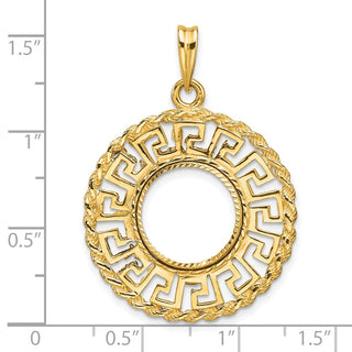 14k Yellow Gold Polished and Diamond-cut Greek Key with Rope Border 13.0mm Prong Coin Bezel Pendant - Fits 2 Pesos