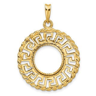 14k Yellow Gold Polished and Diamond-cut Greek Key with Rope Border 13.0mm Prong Coin Bezel Pendant - Fits 2 Pesos