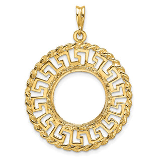 14k Yellow Gold Polished and Diamond-cut Greek Key with Rope Border 16.5mm Prong Coin Bezel Pendant - Fits 1/10 oz American Eagle and 1/10 oz Krugerrand