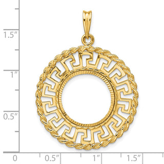 14k Yellow Gold Polished and Diamond-cut Greek Key with Rope Border 16.5mm Prong Coin Bezel Pendant - Fits 1/10 oz American Eagle and 1/10 oz Krugerrand