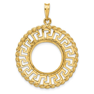 14k Yellow Gold Polished and Diamond-cut Greek Key with Rope Border 16.5mm Prong Coin Bezel Pendant - Fits 1/10 oz American Eagle and 1/10 oz Krugerrand