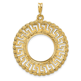14k Yellow Gold Polished and Diamond-cut Greek Key with Rope Border 17.8mm Prong Coin Bezel Pendant - Fits US $2.50 Liberty and Other Coins