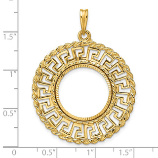 14k Yellow Gold Polished and Diamond-cut Greek Key with Rope Border 17.8mm Prong Coin Bezel Pendant - Fits US $2.50 Liberty and Other Coins