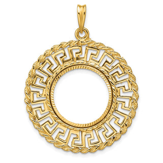 14k Yellow Gold Polished and Diamond-cut Greek Key with Rope Border 17.8mm Prong Coin Bezel Pendant - Fits US $2.50 Liberty and Other Coins