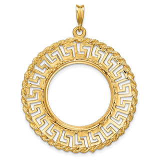 14k Yellow Gold Polished and Diamond-cut Greek Key with Rope Border 21.6mm Prong Coin Bezel Pendant - Fits US $5 Bald Eagle and US $5 Congressional