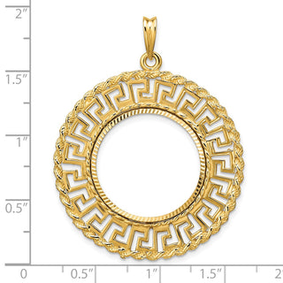 14k Yellow Gold Polished and Diamond-cut Greek Key with Rope Border 21.6mm Prong Coin Bezel Pendant - Fits US $5 Bald Eagle and US $5 Congressional