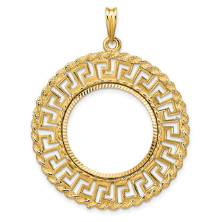 14k Yellow Gold Polished and Diamond-cut Greek Key with Rope Border 21.6mm Prong Coin Bezel Pendant - Fits US $5 Bald Eagle and US $5 Congressional
