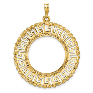 14k Yellow Gold Polished and Diamond-cut Greek Key with Rope Border 22.0mm Prong Coin Bezel Pendant - Fits 1/4 oz American Eagle and Other Coins