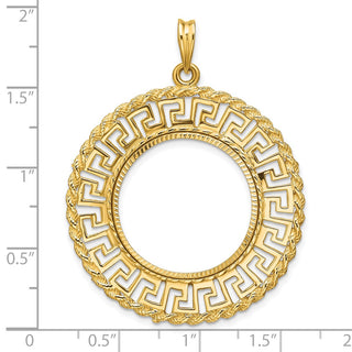 14k Yellow Gold Polished and Diamond-cut Greek Key with Rope Border 22.0mm Prong Coin Bezel Pendant - Fits 1/4 oz American Eagle and Other Coins