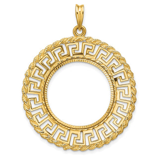 14k Yellow Gold Polished and Diamond-cut Greek Key with Rope Border 22.0mm Prong Coin Bezel Pendant - Fits 1/4 oz American Eagle and Other Coins