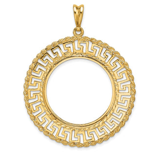 14k Yellow Gold Polished and Diamond-cut Greek Key with Rope Border 27.0mm Prong Coin Bezel Pendant - Fits 1/2 oz American Eagle, US $10 Liberty, and Other Coins