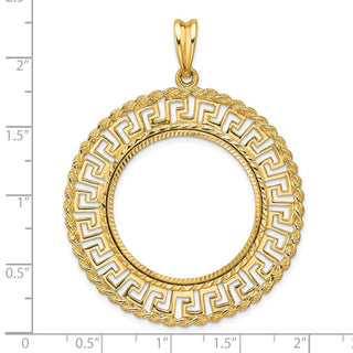 14k Yellow Gold Polished and Diamond-cut Greek Key with Rope Border 27.0mm Prong Coin Bezel Pendant - Fits 1/2 oz American Eagle, US $10 Liberty, and Other Coins