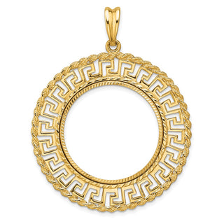 14k Yellow Gold Polished and Diamond-cut Greek Key with Rope Border 27.0mm Prong Coin Bezel Pendant - Fits 1/2 oz American Eagle, US $10 Liberty, and Other Coins