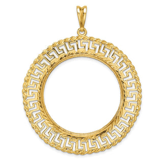 14k Yellow Gold Polished and Diamond-cut Greek Key with Rope Border 32.7mm Prong Coin Bezel Pendant - Fits 1 oz American Eagle, 1 oz Cat, and 1 oz Krugerrand