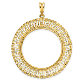 14k Yellow Gold Polished and Diamond-cut Greek Key with Rope Border 32.7mm Prong Coin Bezel Pendant - Fits 1 oz American Eagle, 1 oz Cat, and 1 oz Krugerrand