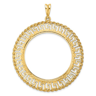 14k Yellow Gold Polished and Diamond-cut Greek Key with Rope Border 34.2mm Prong Coin Bezel Pendant - Fits US $20 Liberty and US $20 St. Gaudens