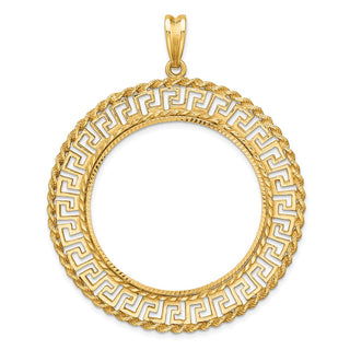 14k Yellow Gold Polished and Diamond-cut Greek Key with Rope Border 34.2mm Prong Coin Bezel Pendant - Fits US $20 Liberty and US $20 St. Gaudens