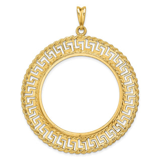 14k Yellow Gold Polished and Diamond-cut Greek Key with Rope Border 37.0mm Prong Coin Bezel Pendant - Fits 50 Pesos and Centenario