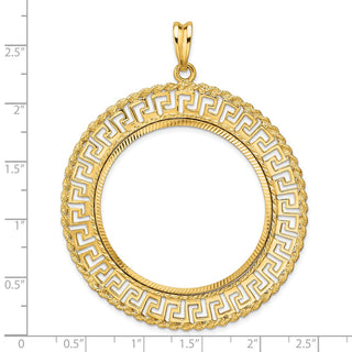 14k Yellow Gold Polished and Diamond-cut Greek Key with Rope Border 37.0mm Prong Coin Bezel Pendant - Fits 50 Pesos and Centenario