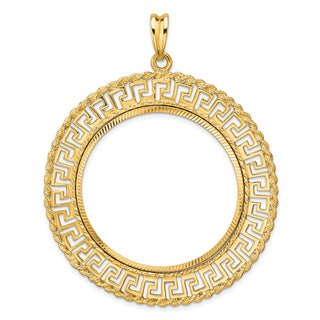 14k Yellow Gold Polished and Diamond-cut Greek Key with Rope Border 37.0mm Prong Coin Bezel Pendant - Fits 50 Pesos and Centenario