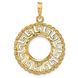 14k Yellow Gold 13mm Greek Key w/ Rope Border Prong Coin Bezel Pendant - Fits 2 Pesos and US $1