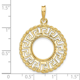 14k Yellow Gold 13mm Greek Key w/ Rope Border Prong Coin Bezel Pendant - Fits 2 Pesos and US $1