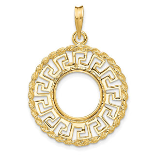 14k Yellow Gold 13mm Greek Key w/ Rope Border Prong Coin Bezel Pendant - Fits 2 Pesos and US $1