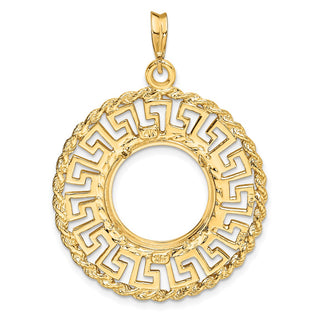 14k Yellow Gold 15mm Greek Key w/ Rope Border Prong Coin Bezel Pendant - Fits US $1 Type 2