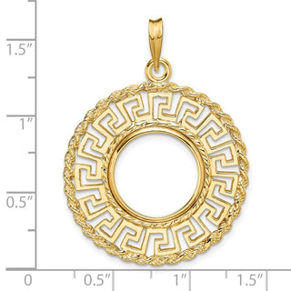 14k Yellow Gold 15mm Greek Key w/ Rope Border Prong Coin Bezel Pendant - Fits US $1 Type 2