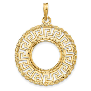 14k Yellow Gold 15mm Greek Key w/ Rope Border Prong Coin Bezel Pendant - Fits US $1 Type 2