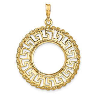 14k Yellow Gold 16.5mm Greek Key w/ Rope Border Prong Coin Bezel Pendant - Fits 1/10 oz American Eagle and 1/10 oz Krugerrand