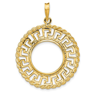 14k Yellow Gold 16.5mm Greek Key w/ Rope Border Prong Coin Bezel Pendant - Fits 1/10 oz American Eagle and 1/10 oz Krugerrand