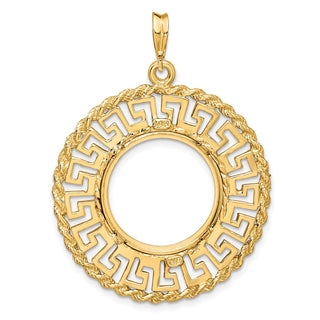 14k Yellow Gold 17.8mm Greek Key w/ Rope Border Prong Coin Bezel Pendant - Fits US $2.50 Liberty and Other Coins