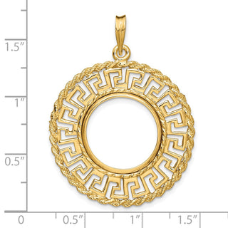 14k Yellow Gold 17.8mm Greek Key w/ Rope Border Prong Coin Bezel Pendant - Fits US $2.50 Liberty and Other Coins