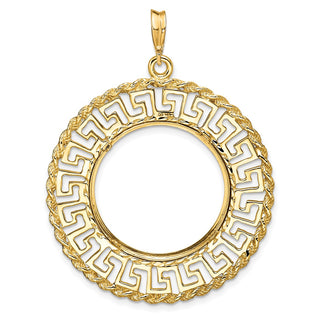 14k Yellow Gold 21.6mm Greek Key w/ Rope Border Prong Coin Bezel Pendant - Fits US $5 Bald Eagle and US $5 Congressional