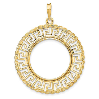 14k Yellow Gold 21.6mm Greek Key w/ Rope Border Prong Coin Bezel Pendant - Fits US $5 Bald Eagle and US $5 Congressional