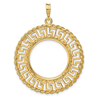 14k Yellow Gold 22mm Greek Key w/ Rope Border Prong Coin Bezel Pendant - Fits 1/4 oz American Eagle and Other Coins