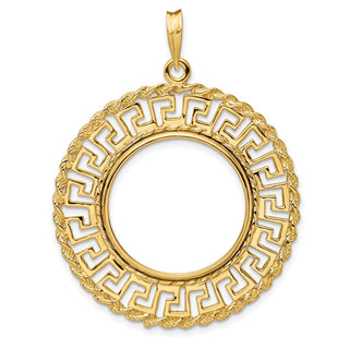 14k Yellow Gold 22mm Greek Key w/ Rope Border Prong Coin Bezel Pendant - Fits 1/4 oz American Eagle and Other Coins