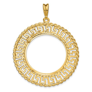 14k Yellow Gold 27mm Greek Key w/ Rope Border Prong Coin Bezel Pendant - Fits 1/2 oz American Eagle, US $10 Liberty, and Other Coins