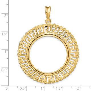 14k Yellow Gold 27mm Greek Key w/ Rope Border Prong Coin Bezel Pendant - Fits 1/2 oz American Eagle, US $10 Liberty, and Other Coins