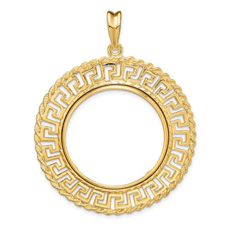 14k Yellow Gold 27mm Greek Key w/ Rope Border Prong Coin Bezel Pendant - Fits 1/2 oz American Eagle, US $10 Liberty, and Other Coins