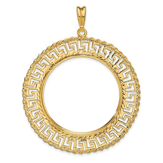 14k Yellow Gold 32.7mm Greek Key w/ Rope Border Prong Coin Bezel Pendant - Fits 1 oz American Eagle, 1 oz Cat, and 1 oz Krugerrand