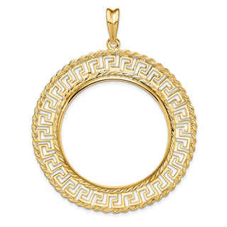 14k Yellow Gold 32.7mm Greek Key w/ Rope Border Prong Coin Bezel Pendant - Fits 1 oz American Eagle, 1 oz Cat, and 1 oz Krugerrand