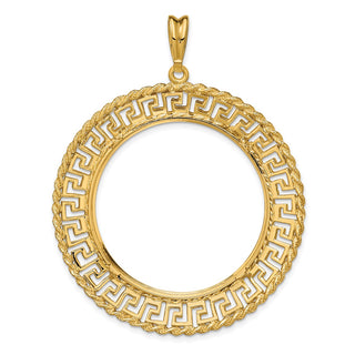 14k Yellow Gold 34.2mm Greek Key w/ Rope Border Prong Coin Bezel Pendant - Fits US $20 Liberty and US $20 St. Gaudens