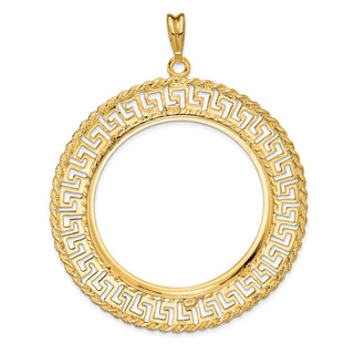 14k Yellow Gold 37mm Greek Key w/ Rope Border Prong Coin Bezel Pendant - Fits 50 Pesos and Centenario