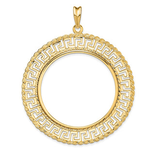 14k Yellow Gold 37mm Greek Key w/ Rope Border Prong Coin Bezel Pendant - Fits 50 Pesos and Centenario